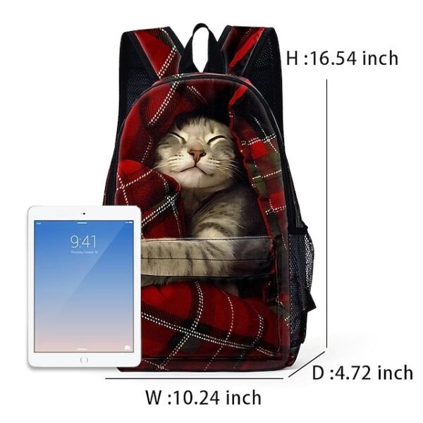 Alternative view of Large-Capacity Cat Print Backpack with Red Plaid Design