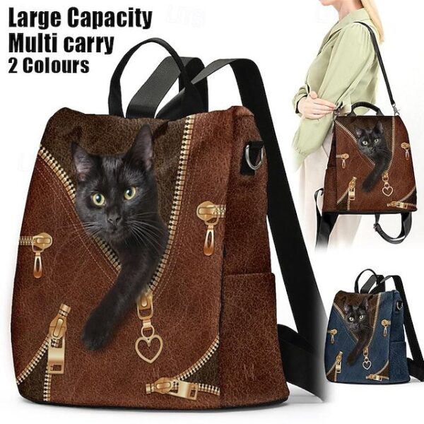 Large Capacity Black Cat Animal Print Multi-Carry Backpack