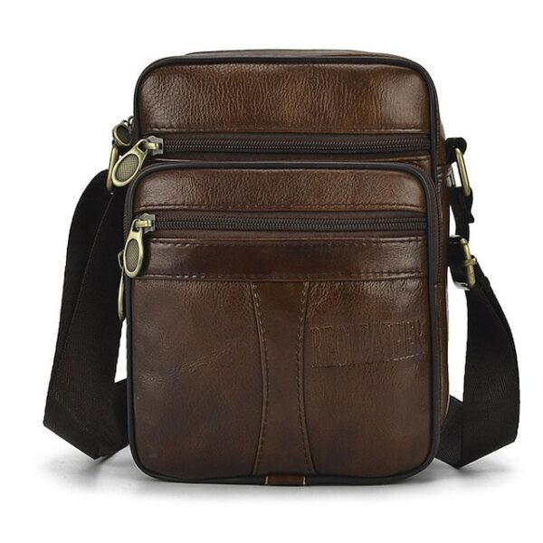 Men’s Brown Leather Crossbody Bag with Multiple Zipper