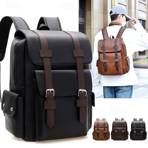 Men’s Vintage Faux Leather Backpack with Buckle Straps