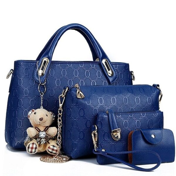 Women’s 4-Piece Blue Handbag Set with Teddy Bear Charm